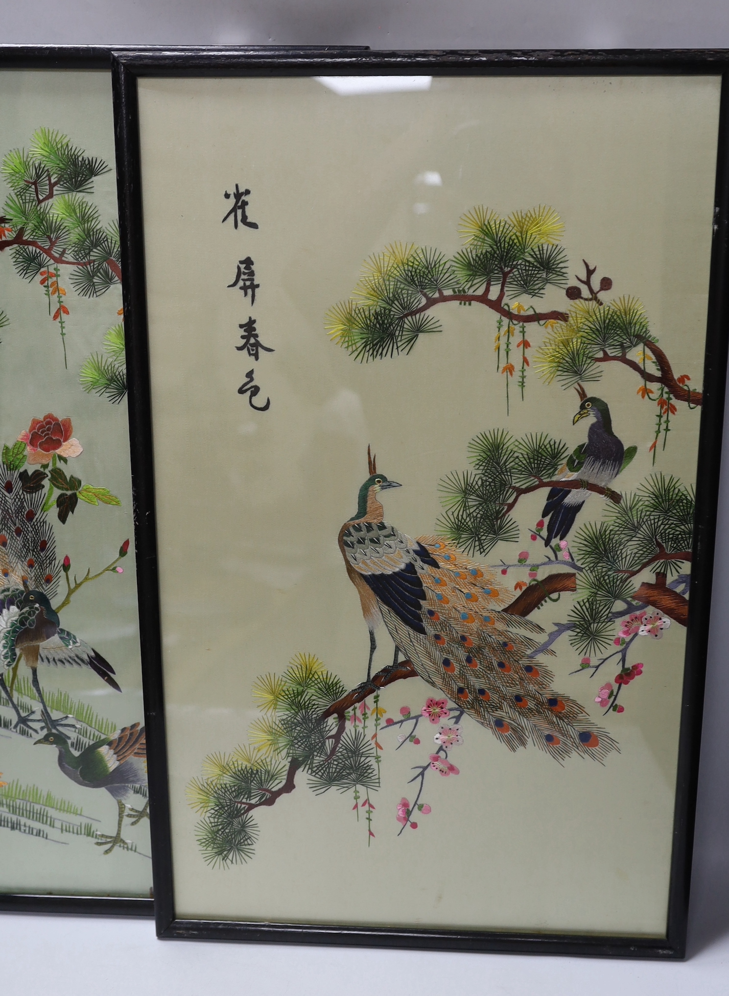 A pair of Chinese embroidered silk pictures, 55 x 34cm